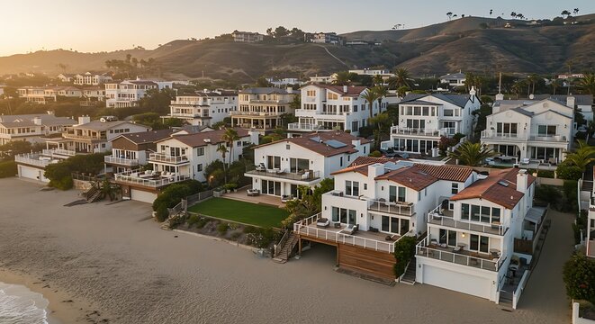Aerial view of luxury multi-story beachfront houses and residential real estate along a sandy coastline in Malibu, California, at golden hour sunset with hills in the background