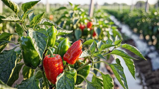 Closeup of ripe red bell peppers growing on a plant in a greenhouse.