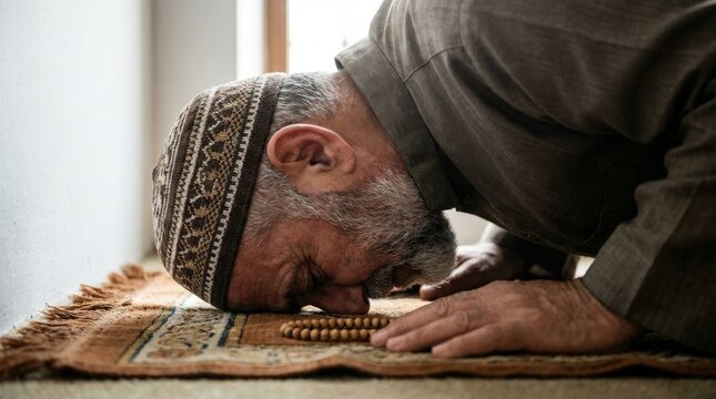 Man praying on prayer mat.