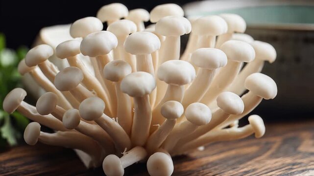 Closeup of a cluster of fresh enoki mushrooms on a wooden surface.