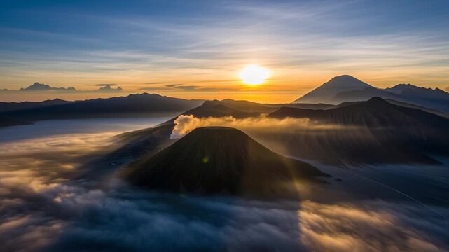 Sunrise over Mount Bromo, an active volcano in East Java, Indonesia, with a sea of clouds.