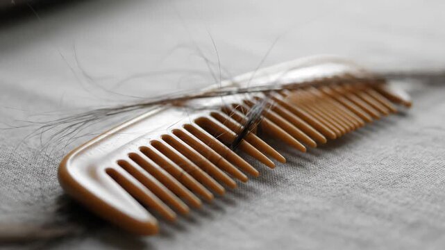 Hair loss on a comb close-up, showing fallen strands on grooming tool