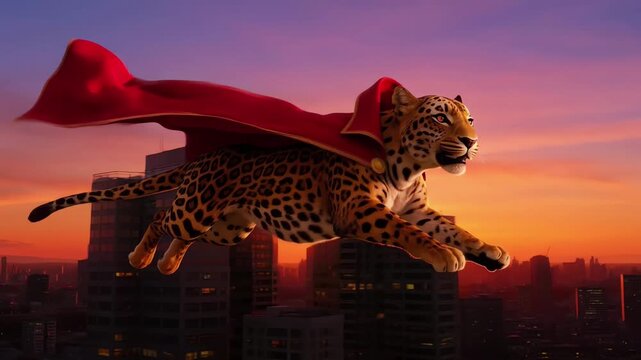 Leopard Superhero Flying Above City Skyline at Sunset