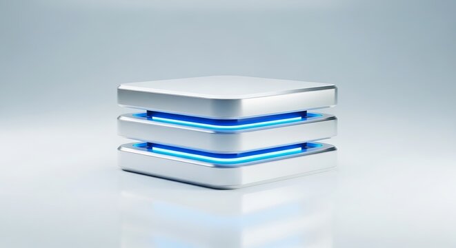 Data server storage unit with glowing blue neon lights on a clean white surface for cloud computing network and big data center database hosting