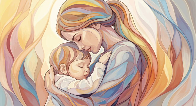 Mother tenderly holding and kissing her sleeping baby with love and care in a colorful artistic portrait