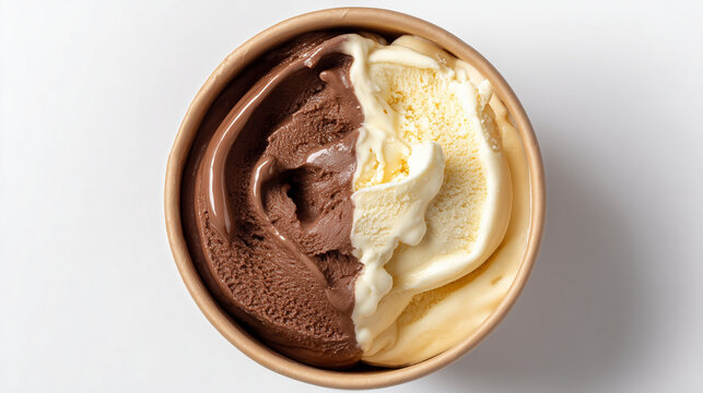 とろけるような質感が美味しそうなカップ入りのチョコレートとバニラのジェラート