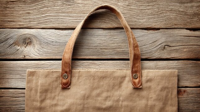 Natural Canvas Tote Bag with Leather Handles Lying on Rustic Wooden Planks