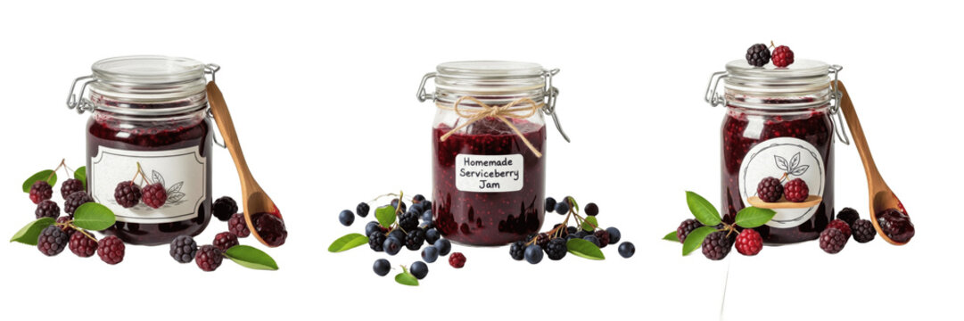 Serviceberry Jam Jar with Amelanchier Serviceberries -  Food Photography - Confiture d'Am&eacute;lanche - Mermelada de Amelanchier - Felsenbirnenmarmelade - Purple Berry Fruit Preserve for Breakfast