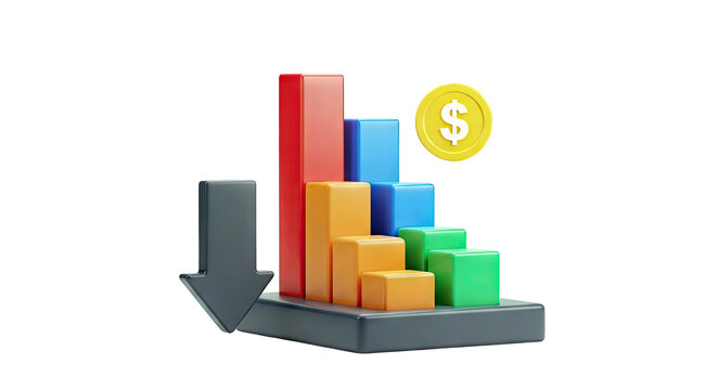 3D Bar Chart Showing Financial Decline with Downward Arrow and Dollar Coin