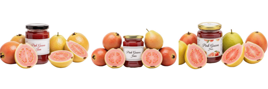 Pink Guava Jam Jar with Psidium guajava Pink Guavas -  Food Photography - Confiture de Goyave Rose - Mermelada de Guayaba Rosada - Rosa Guavenmarmelade - Sweet Tropical Pink Fruit Preserve Spread