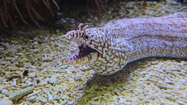 Close up of a leopard eel head laying down on the seabed and opening his mouth underwater
