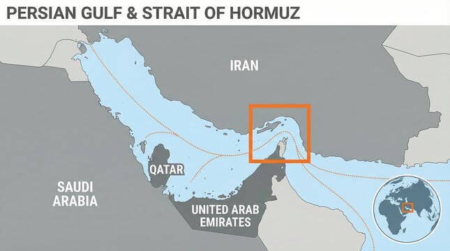 Map of the persian gulf and strait of hormuz showing iran saudi arabia qatar and united arab emirates with a highlighted orange square and a small global locator globe in the corner