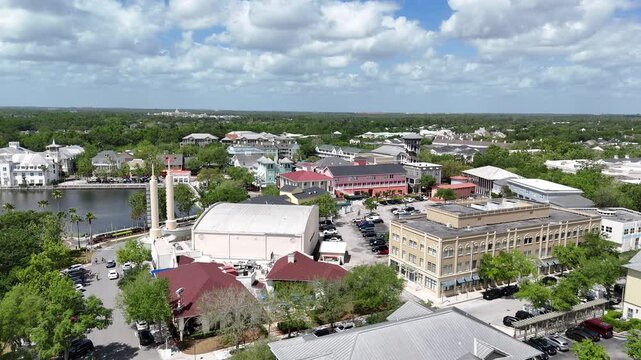 Aerial view of shops, restaurants, and apartments at downtown Celebration in Kissimmee, Florida just south of Orlando. 