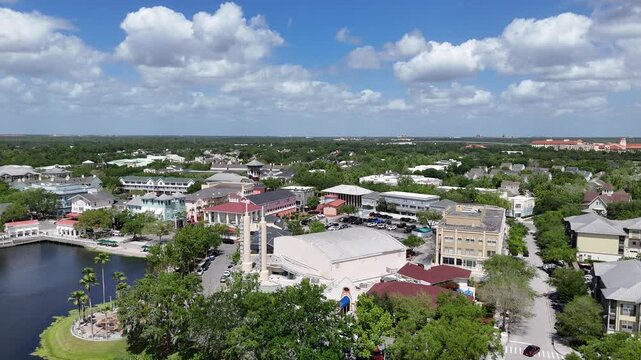 Aerial view of shops and restaurants at downtown Celebration in Kissimmee, Florida just south of Orlando. 