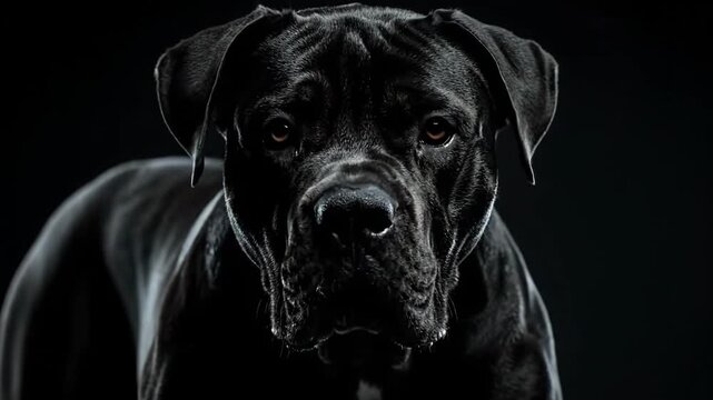 Powerful Black Cane Corso Dog with Intense Gaze on Dark Background