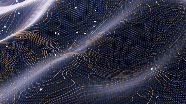 Abstract topographic art featuring copper contour lines, 3D elevation mesh and dotted markers