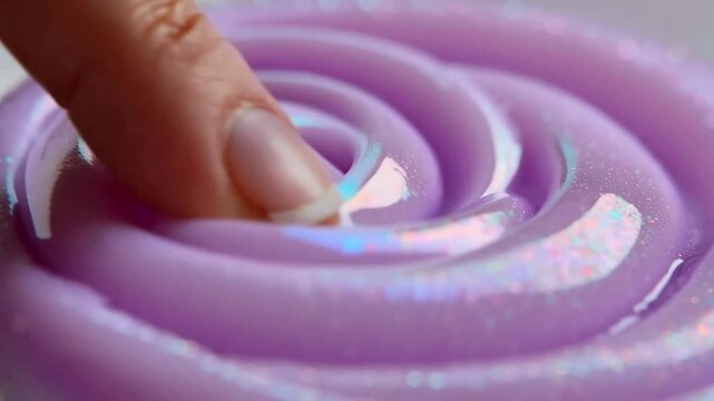 Macro shot of a finger pressing into shiny purple slime with iridescent glitter. Satisfying sensory squeeze.