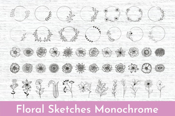 Intricate botanical illustrations of various flowers and foliage patterns in monochrome © MdShahajahan