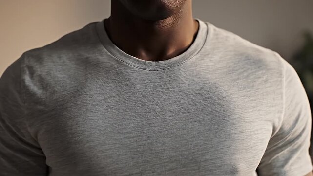 Close Up of a Man Wearing a Gray T Shirt with Sweat Patches Showing Subtle Texture and Warm Ambient Lighting in a Soft Focus Background