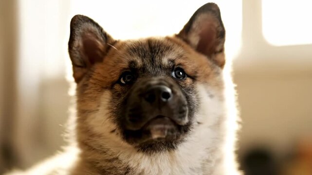 Adorable fluffy Akita puppy looking intently at the viewer indoors