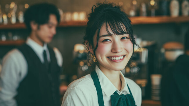 おしゃれなカフェでやりがいに満ちた表情を浮かべながら楽しく働く女子大学生スタッフの求人向け写真