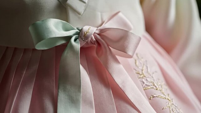 Close-up of pink dress with bow.