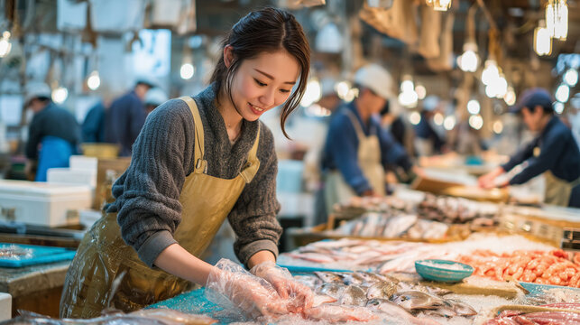 早朝の漁業市場で新鮮な魚を丁寧に仕分けしながら笑顔で働く若い女性スタッフの求人広告イメージ