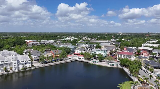 Aerial view over Lake Rianhard along downtown Celebration in Kissimmee just south of Orlando, Florida. 