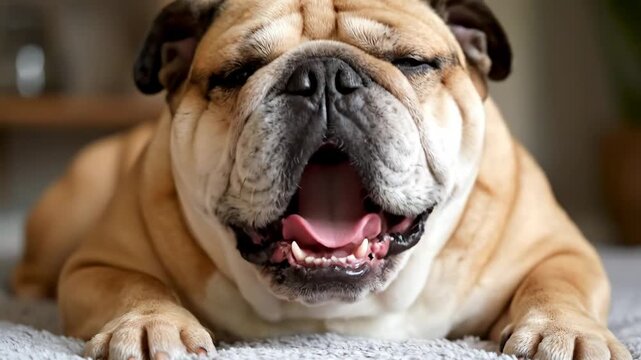 Happy bulldog close-up panting with tongue out on a soft blanket