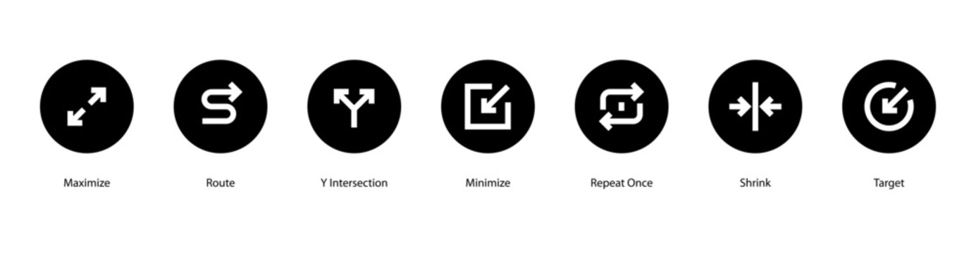 Path and Targets web banner icon vector illustration featuring Maximize, Route, Y Intersection, Minimize, Repeat Once, Shrink, and Target.