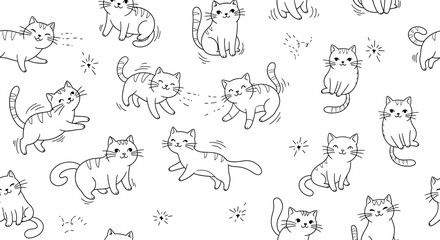 Obraz premium Cute Cat Doodles Pattern: Playful Kittens in Black and White Sketch Style
