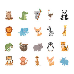 Obraz premium Cute wild animals collection, kawaii safari and exotic creatures doodle set in flat vector style