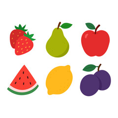 Fototapeta premium Fresh fruit collection, flat vector set of strawberry, pear, apple, watermelon, lemon and plum