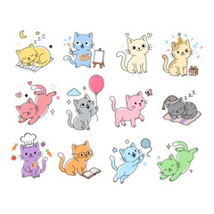 Fototapeta premium Cute cat characters collection, kawaii kitten doodles in various poses and activities
