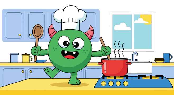 Cute green monster chef cooking in a kitchen with a pot on the stove