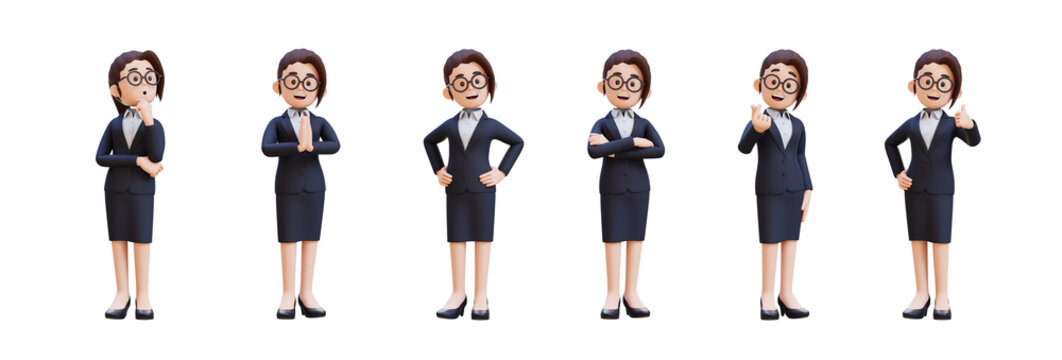 Set of 3D cartoon businesswoman poses in formal dark suit. representing various professional actio