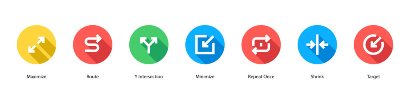 Path and Targets web banner icon vector illustration featuring Maximize, Route, Y Intersection, Minimize, Repeat Once, Shrink, and Target.