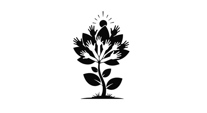 Plant sprouts upward with leaves shaped like human hands reaching toward the sun in a conceptual illustration.