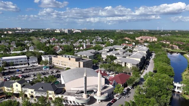 Aerial view over the downtown area of Celebration in Kissimmee just south of Orlando, Florida. 