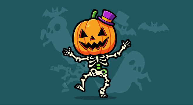 Dancing skeleton with pumpkin head wearing a hat, Halloween character, spooky fun