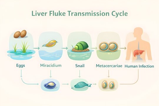 Liver Fluke Transmission Cycle Flat Design Educational Infographic with Step by Step Stages