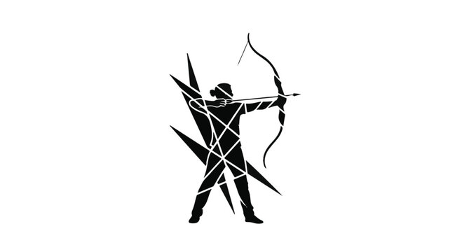 Archer silhouette stands firm while aiming a bow at a target in this stylized geometric graphic illustration.