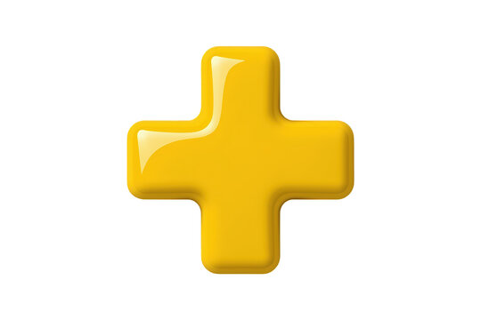 Yellow 3d plus symbol with a glossy, reflective surface, signifying addition, positivity, or medical care with transparent background