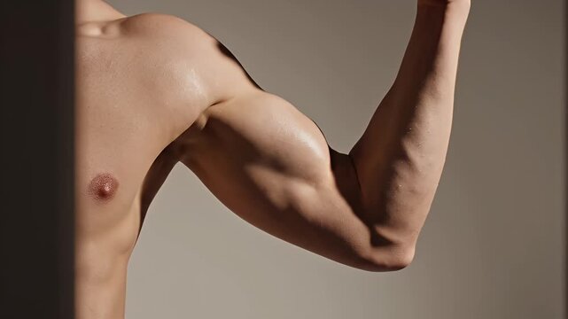 Close-up Studio Portrait of Muscular Male Arm Flexing Biceps With Dramatic Side Lighting and Subtle Sweat Droplets Against Neutral Gray Background