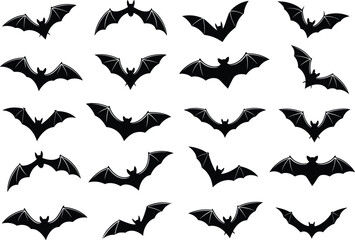 Fototapeta premium Bat silhouettes collection, flying bats vector, Halloween bats design, spooky animal icons, black bat shapes, wildlife illustration, decorative pattern