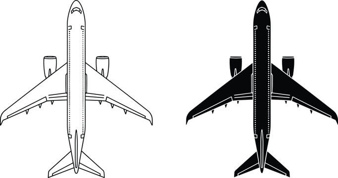 Airplane silhouette vector, passenger jet icon, aviation artwork design, aircraft illustration set, transport graphic clipart, black and white airplane drawing