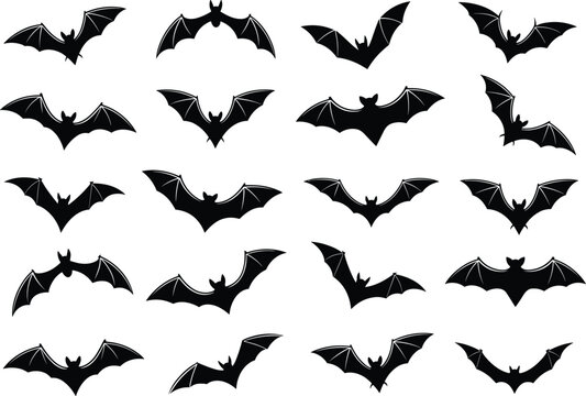 Bat silhouettes collection, flying bats vector, Halloween bats design, spooky animal icons, black bat shapes, wildlife illustration, decorative pattern