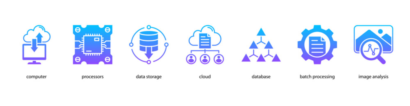 Cloud Computing web banner icon vector illustration featuring Computer, Processors, Data Storage, Cloud, Database, Batch Processing, and Image Analysis.