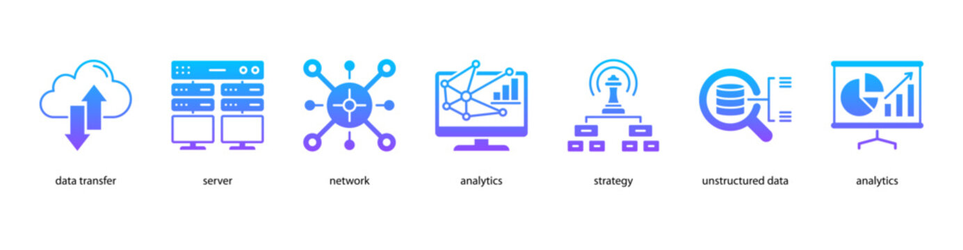 Advanced Analytics web banner icon vector illustration featuring Data Transfer, Server, Network, Analytics, Strategy, Unstructured Data, and Analytics.