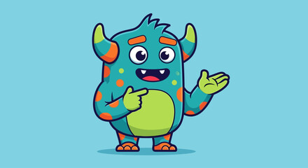 Fototapeta premium Cute Cartoon Monster Character Pointing and Presenting, Funny Alien Mascot